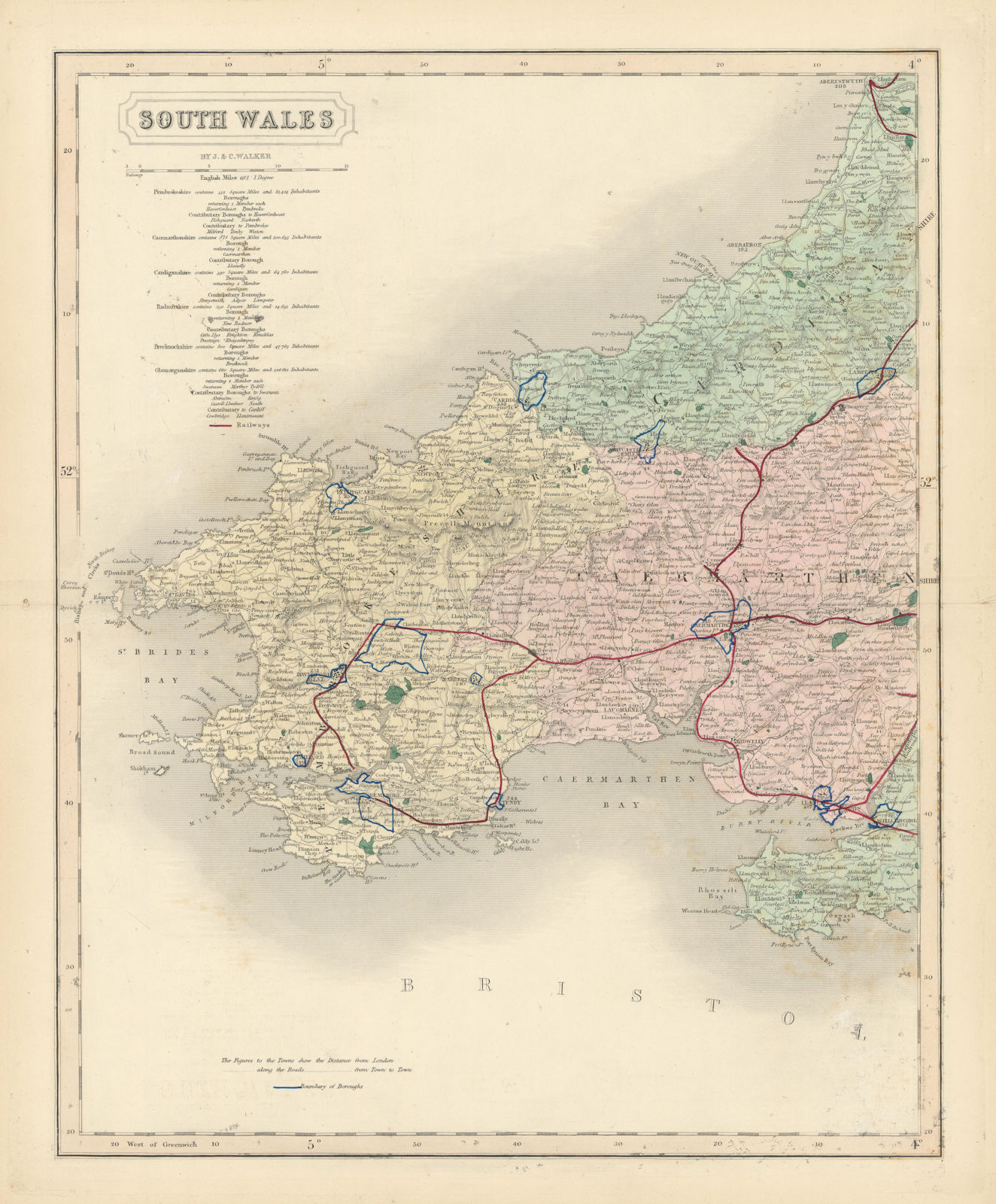 Associate Product South west Wales antique map. WALKER. Pembrokeshire Cardigan Carmarthen 1870