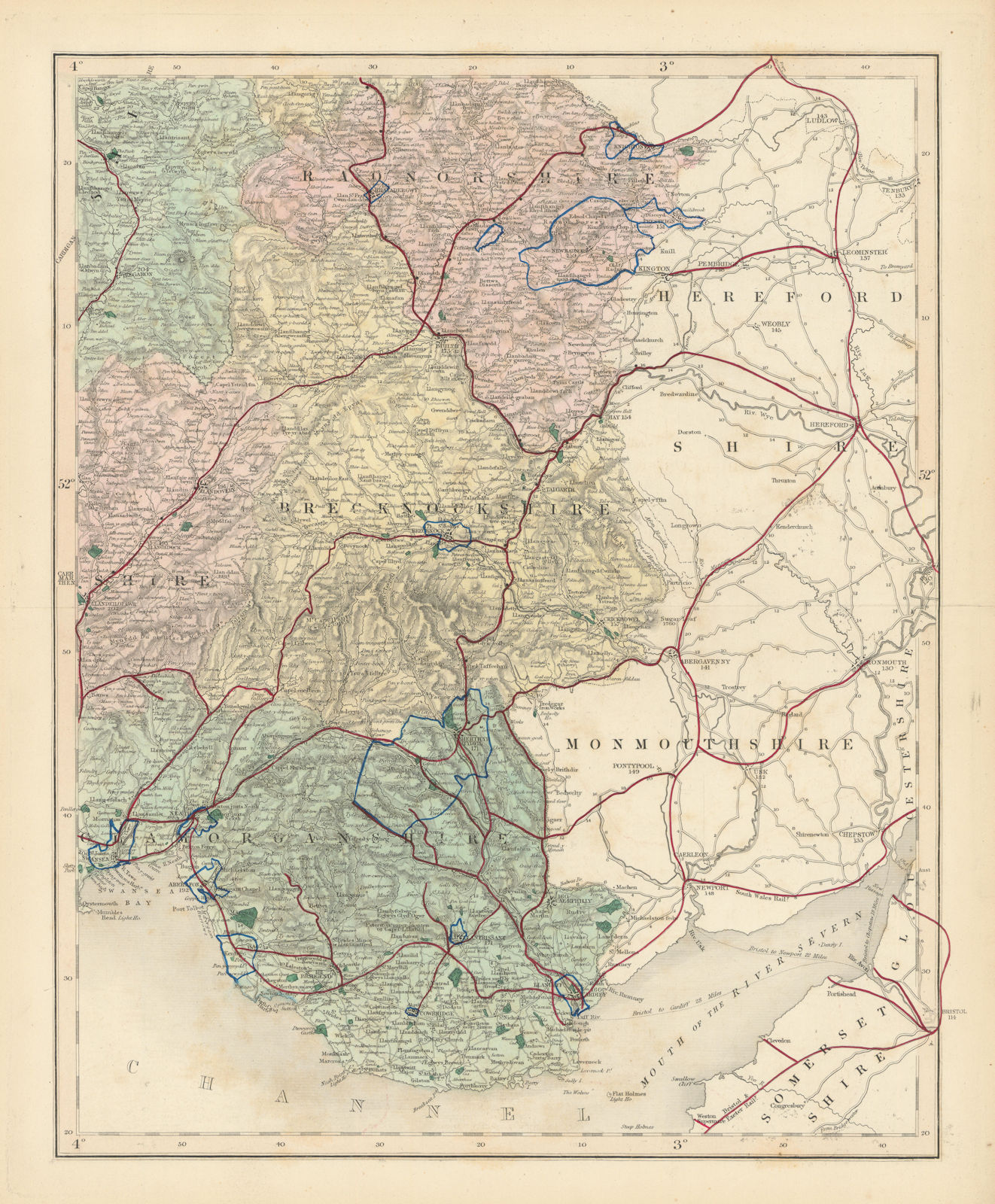 Radnorshire Brecknockshire Glamorganshire antique map. WALKER. Railways 1870