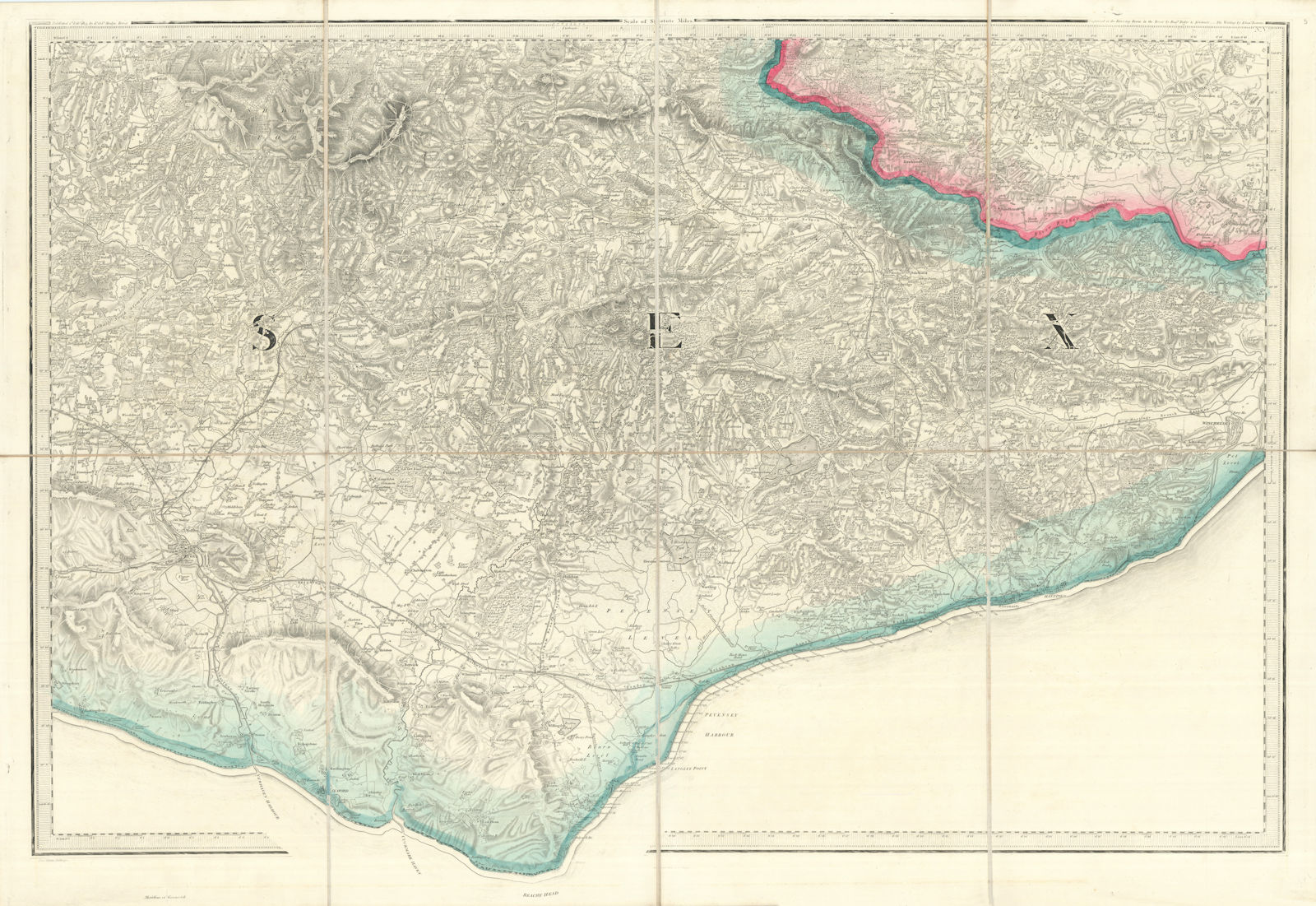 OS #5 Sussex Weald, Pevensey Levels & South Downs. Eastbourne Hastings  1813 map