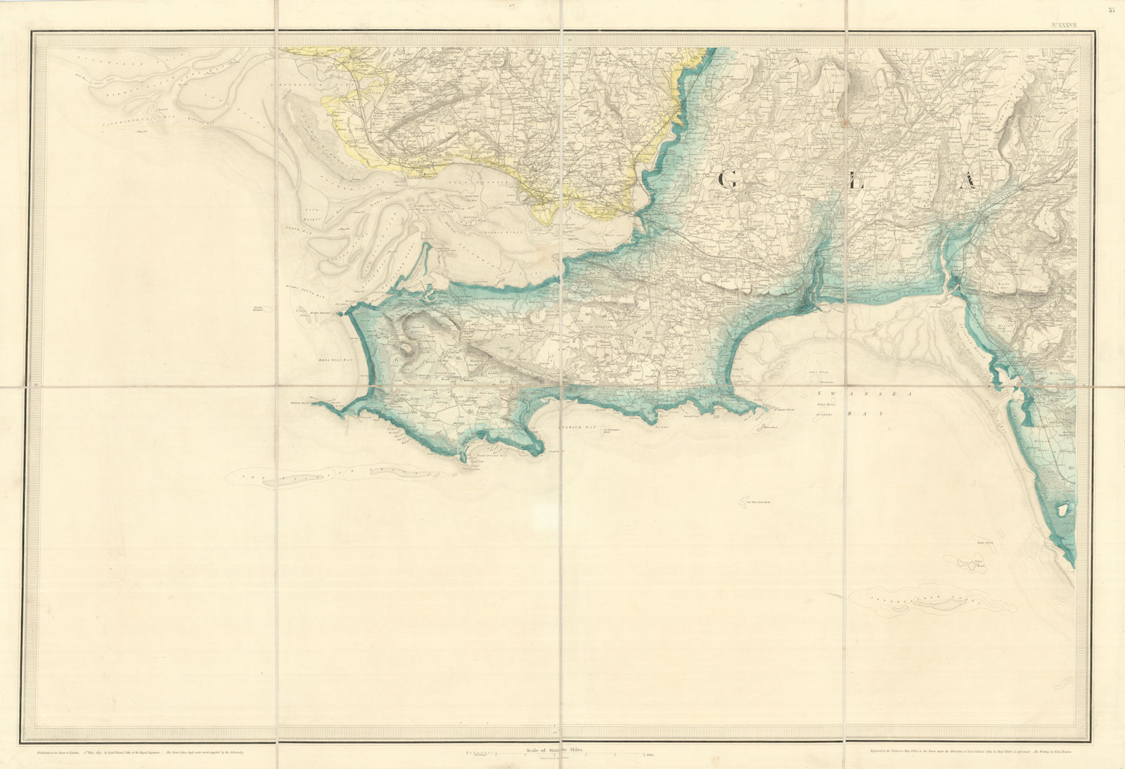 OS #37 The Gower & Swansea Bay. Neath Llanelli Loughor Glamorganshire 1830 map