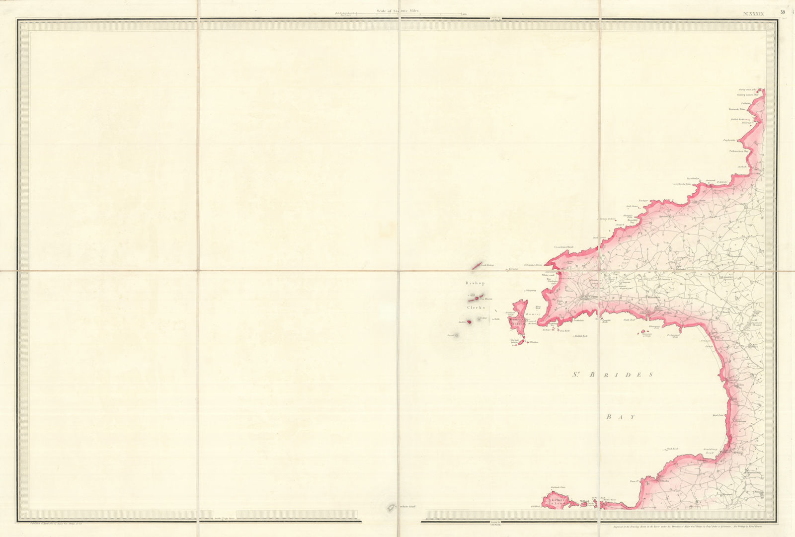OS #39 St Bride's Bay. Smalls Light Bishop & Clerks Pembrokeshire Coast 1820 map