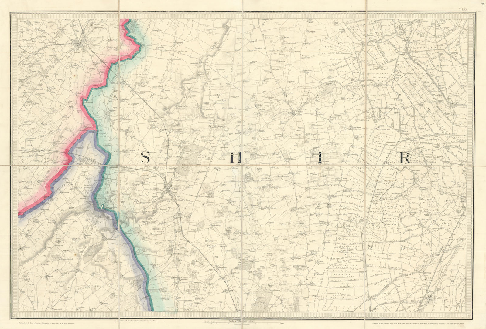 OS #70 South Lincolnshire Edge & Fens. Grantham Newark/Trent Kesteven 1824 map