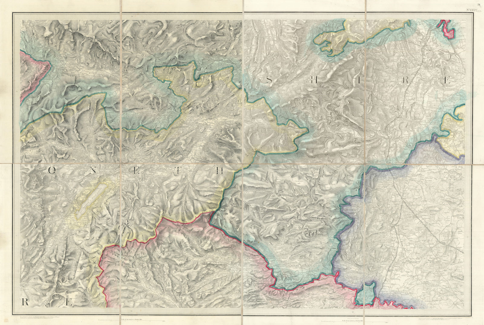 OS #74 Dee Valley, Denbigh Moors & Clwydian Range. Llangollen Wrexham 1838 map