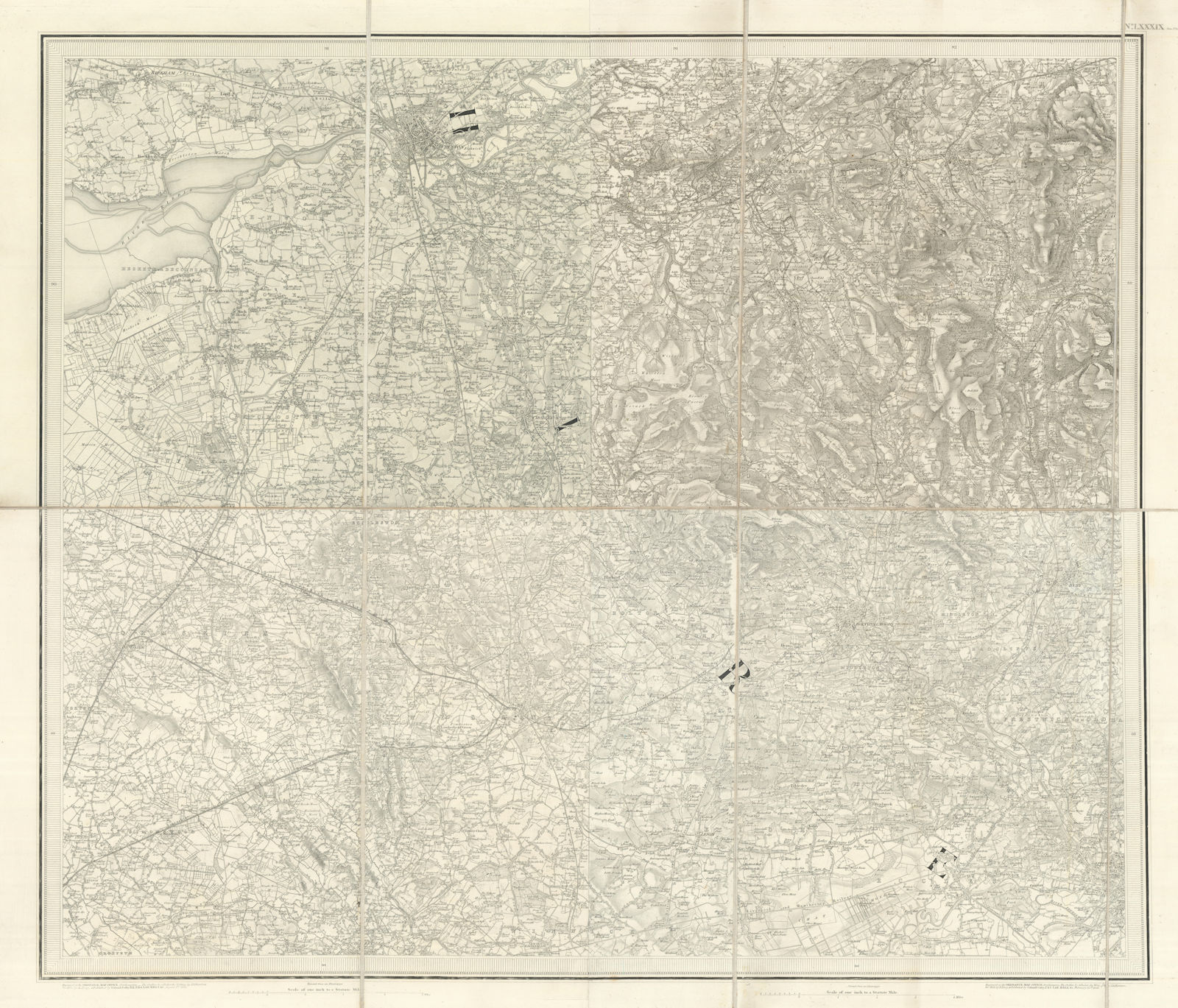 OS #89 Lancashire Plain & Valleys. Preston Blackburn Wigan Bolton Bury 1843 map