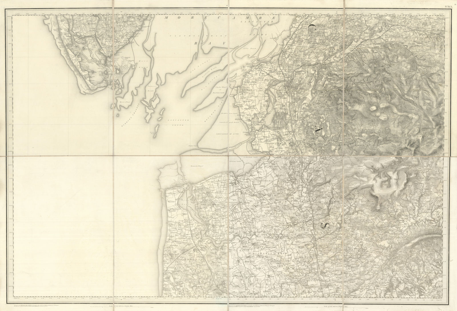 OS #91 Morecambe Bay, Bowland Fells & The Fylde. Barrow Lancaster 1852 old map