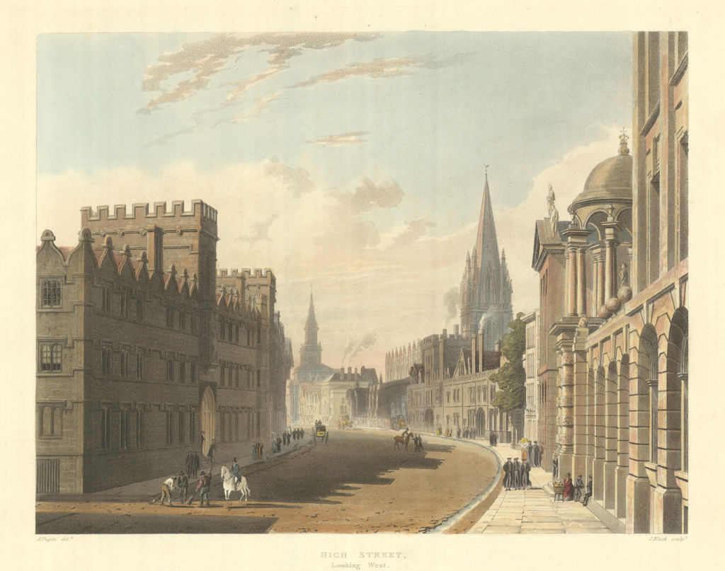 View of High-Street, looking west. Ackermann's Oxford University 1814 print