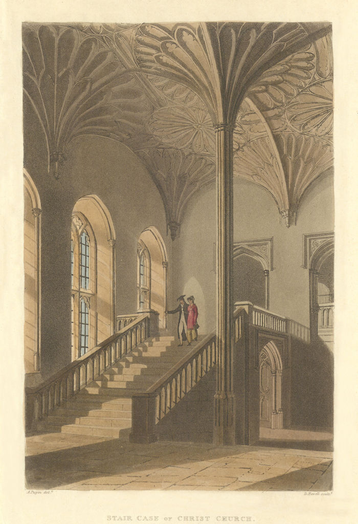 Staircase of Christ Church. Ackermann's Oxford University 1814 old print