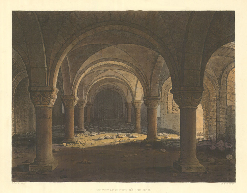 Crypt of St. Peter's Church. Ackermann's Oxford University 1814 old print