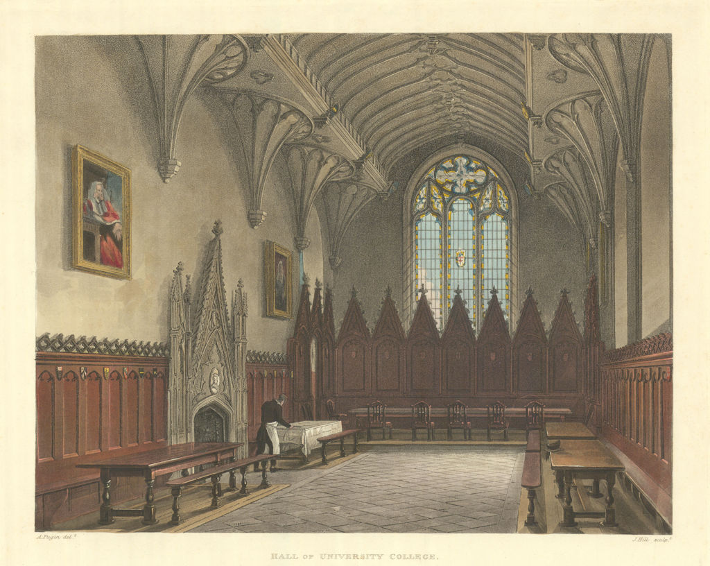 Hall of University College. Ackermann's Oxford University 1814 old print