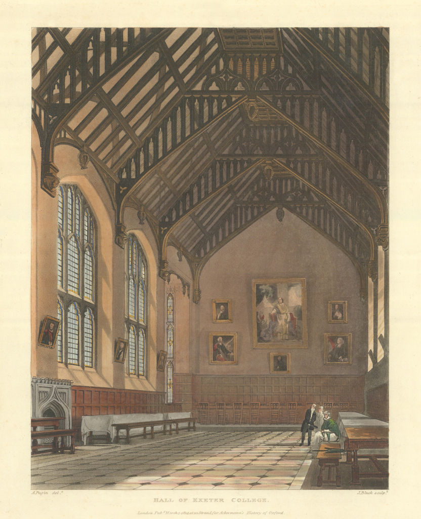 Hall of Exeter College. Ackermann's Oxford University 1814 old antique print