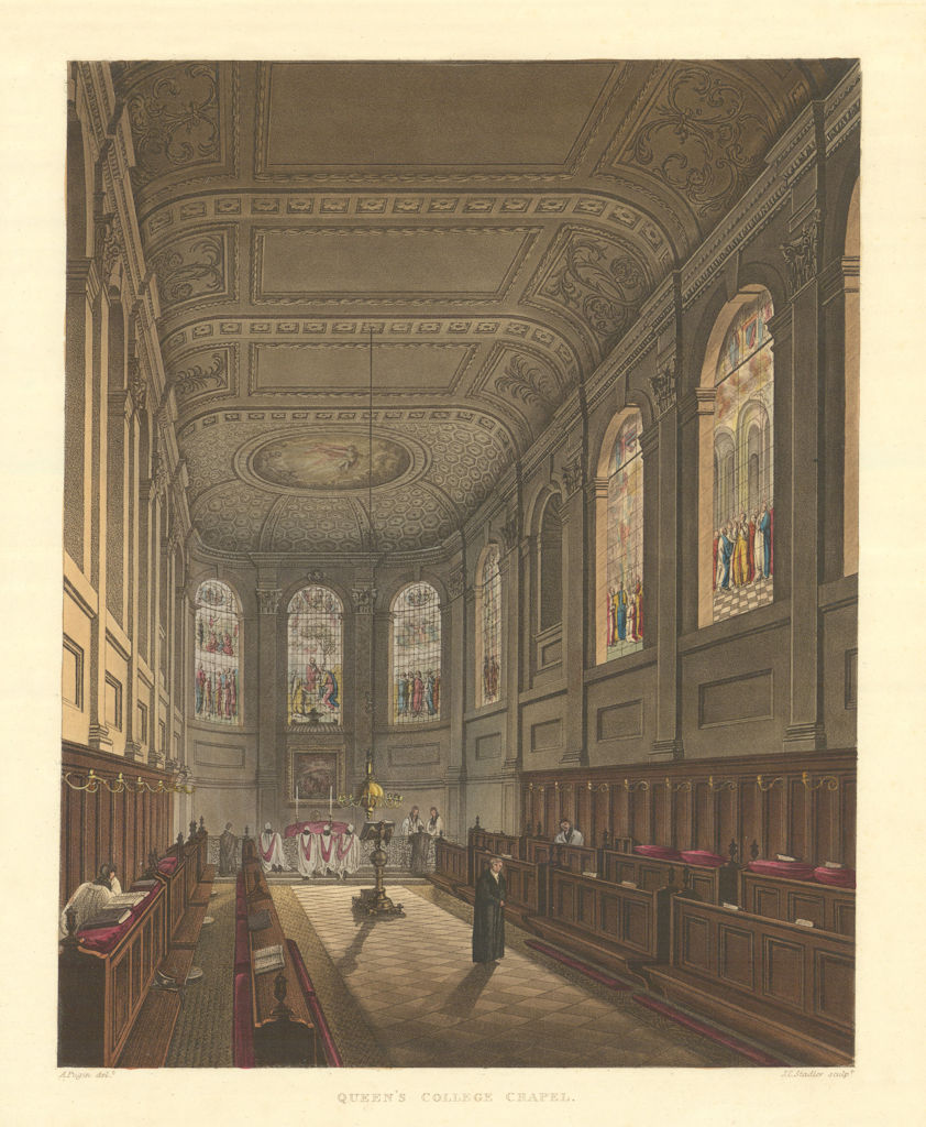 Queen's College Chapel. Ackermann's Oxford University 1814 old antique print