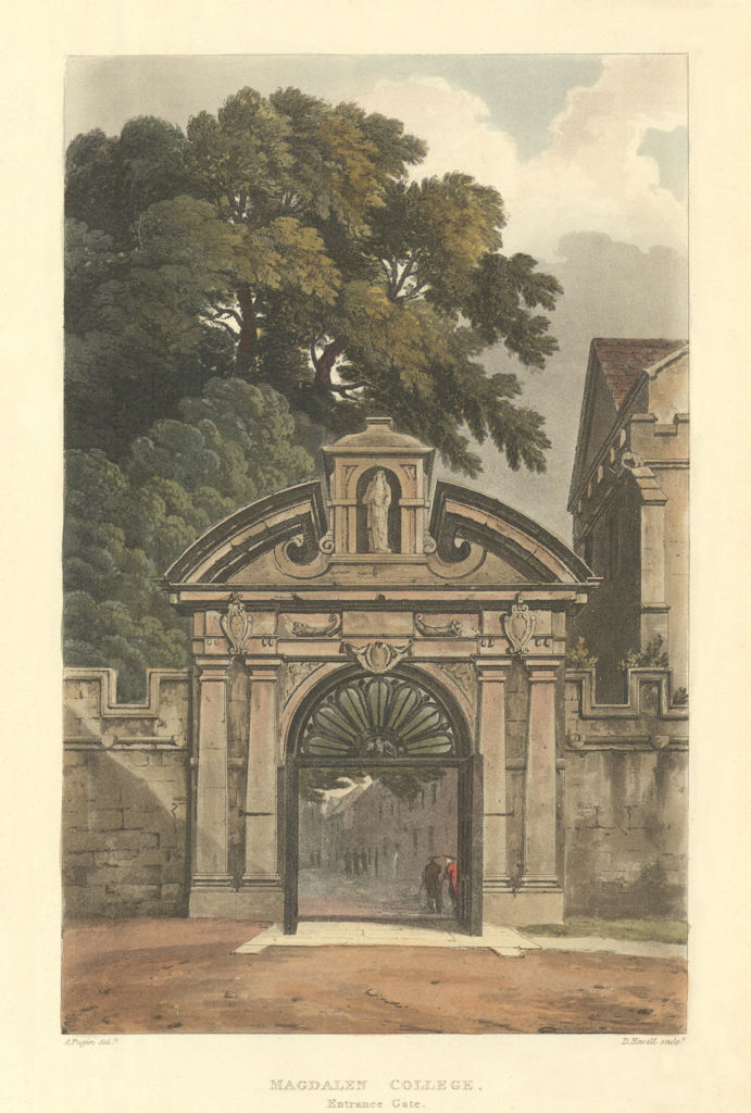 Magdalen College Entrance Gate. Ackermann's Oxford University 1814 old print