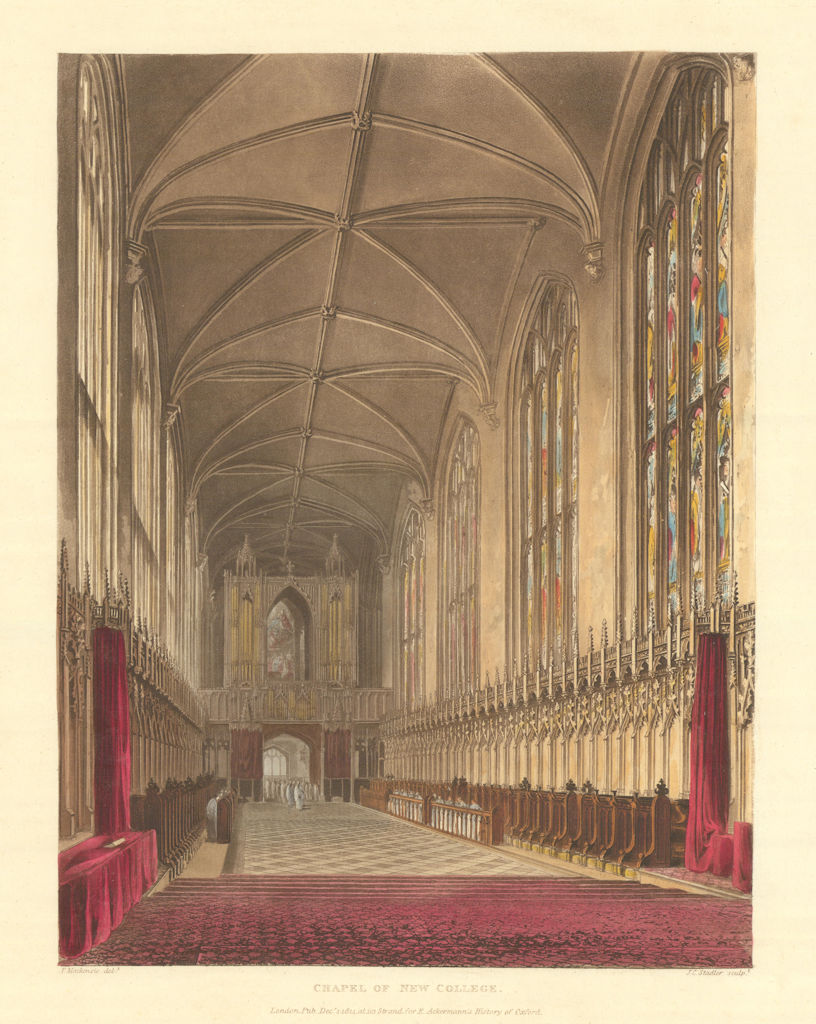Chapel of New College. Ackermann's Oxford University 1814 old antique print