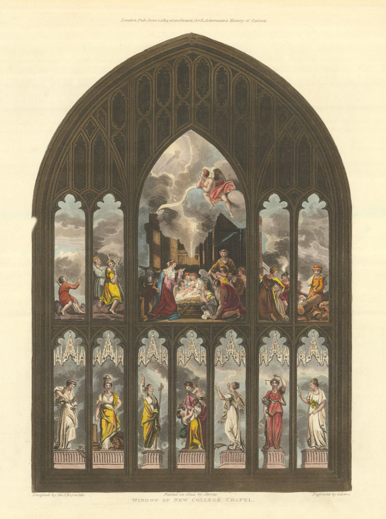 Window of New College Chapel. Ackermann's Oxford University 1814 old print