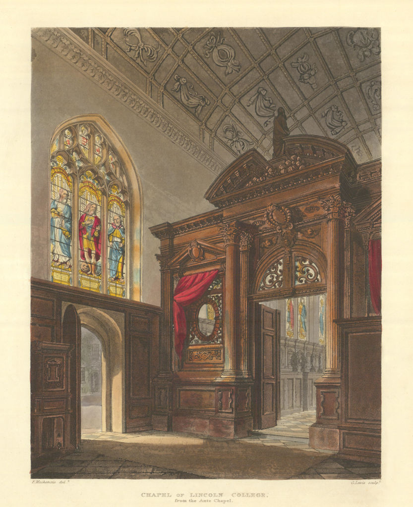 Lincoln College Chapel from the Ante Chapel. Ackermann's Oxford University 1814