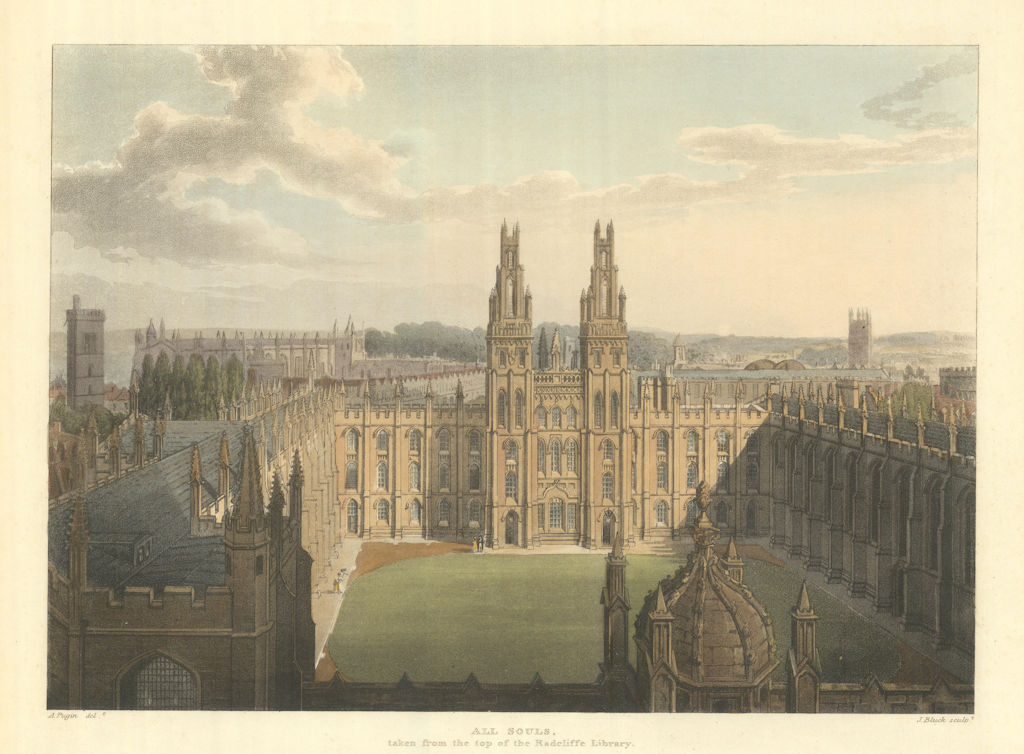 All Souls from the top of Radcliffe Library. Ackermann's Oxford University 1814