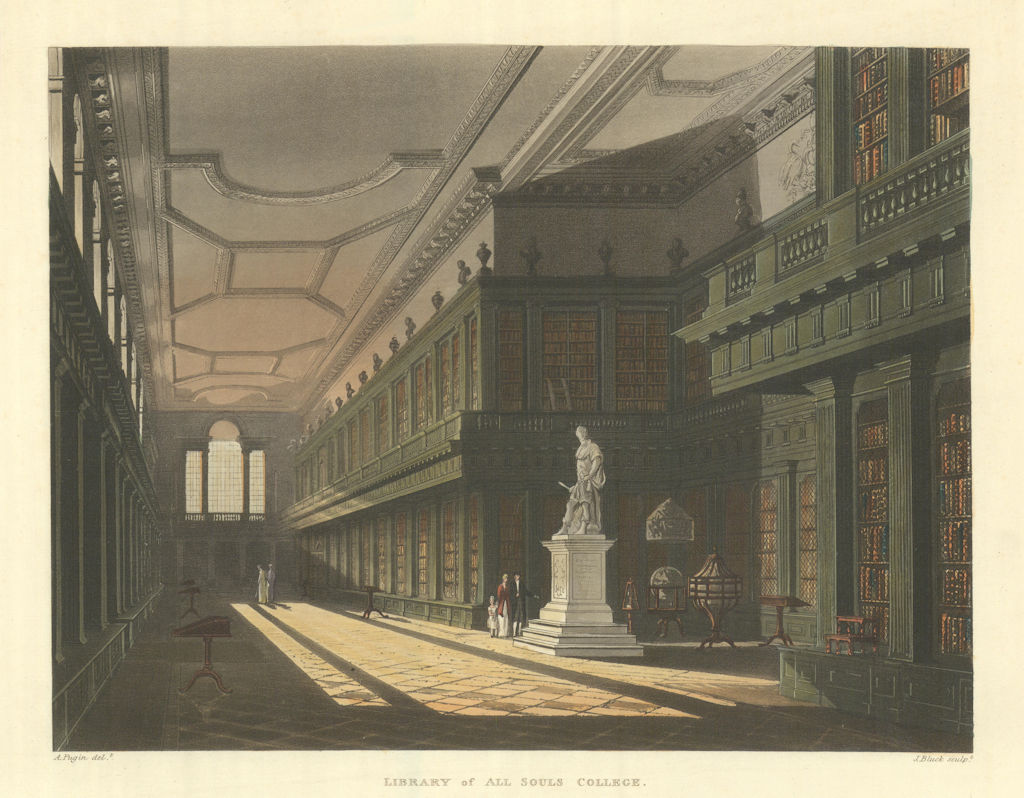 Library of All Souls College. Ackermann's Oxford University 1814 old print
