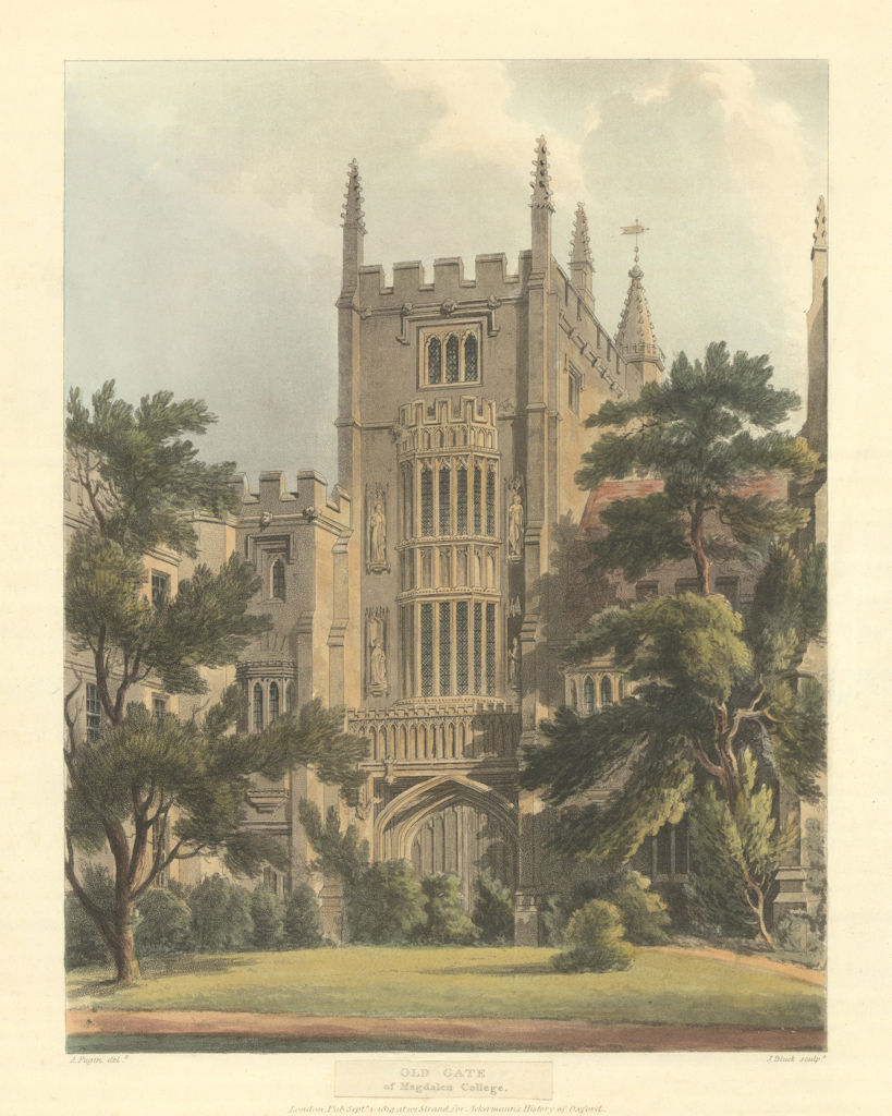 Old Gate of Magdalen College. Ackermann's Oxford University 1814 print