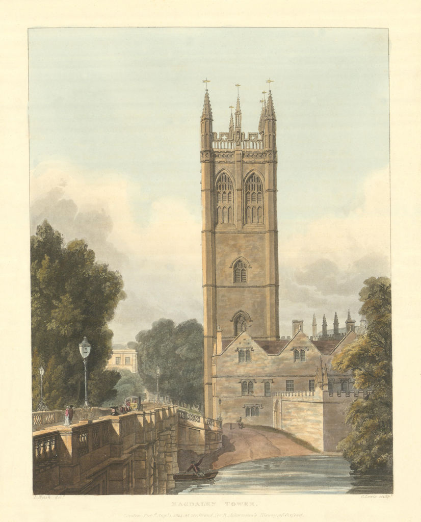 Magdalen Tower. Ackermann's Oxford University 1814 old antique print picture