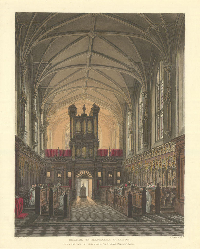Chapel of Magdalen College. Ackermann's Oxford University 1814 old print