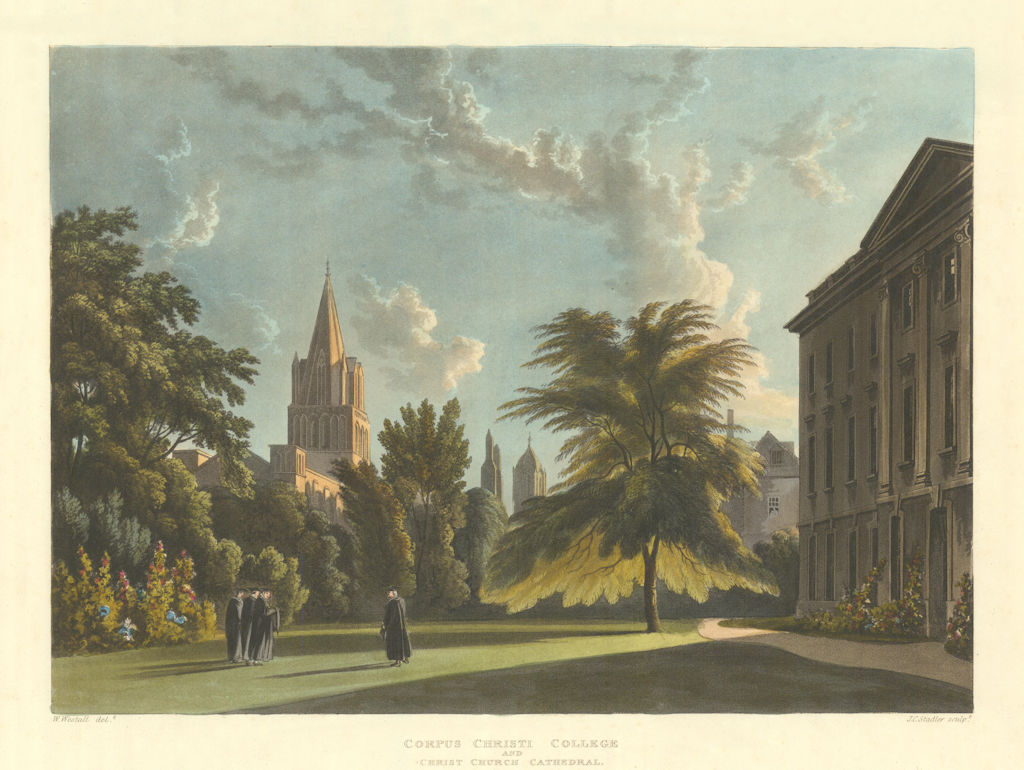 Corpus Christi College & Christ Church Cathedral. Ackermann's Oxford 1814