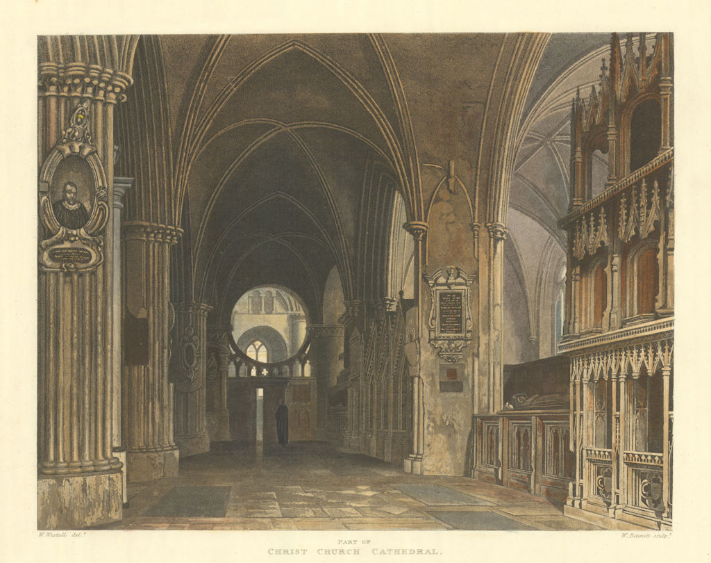 Part of Christ Church Cathedral. Ackermann's Oxford University 1814 old print