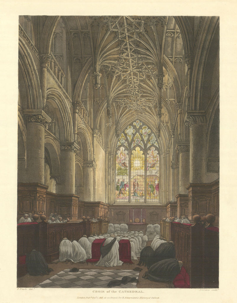 Choir of the Cathedral, Christ Church. Ackermann's Oxford University 1814
