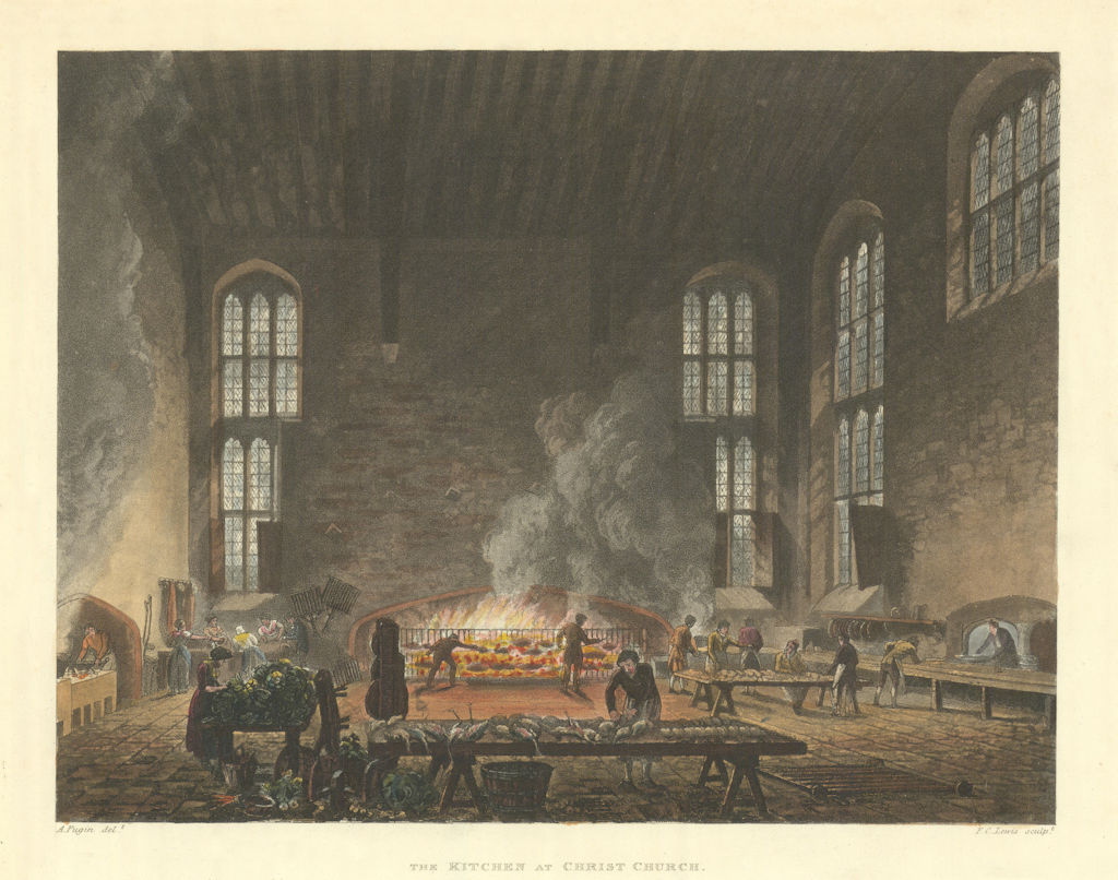 The Kitchen at Christ Church. Ackermann's Oxford University 1814 old print