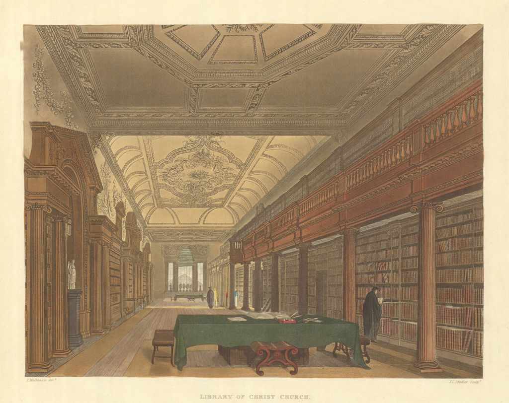 Library of Christ Church. Ackermann's Oxford University 1814 old antique print