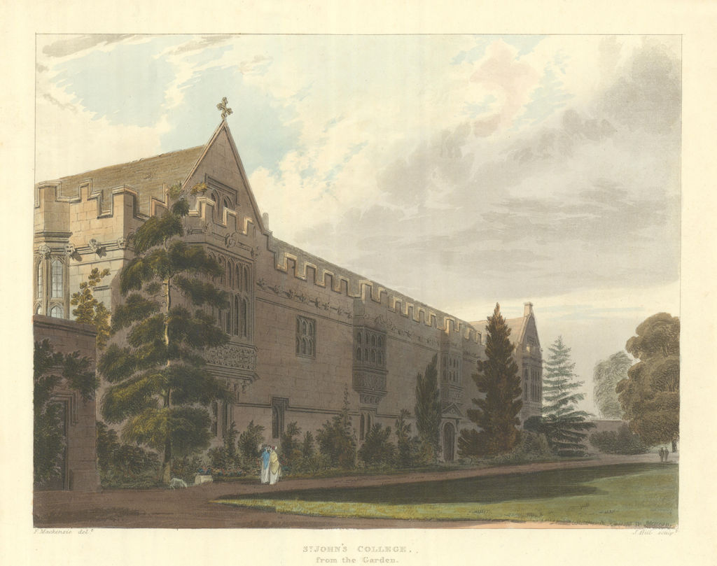 St. John's College, from the Garden. Ackermann's Oxford University 1814 print