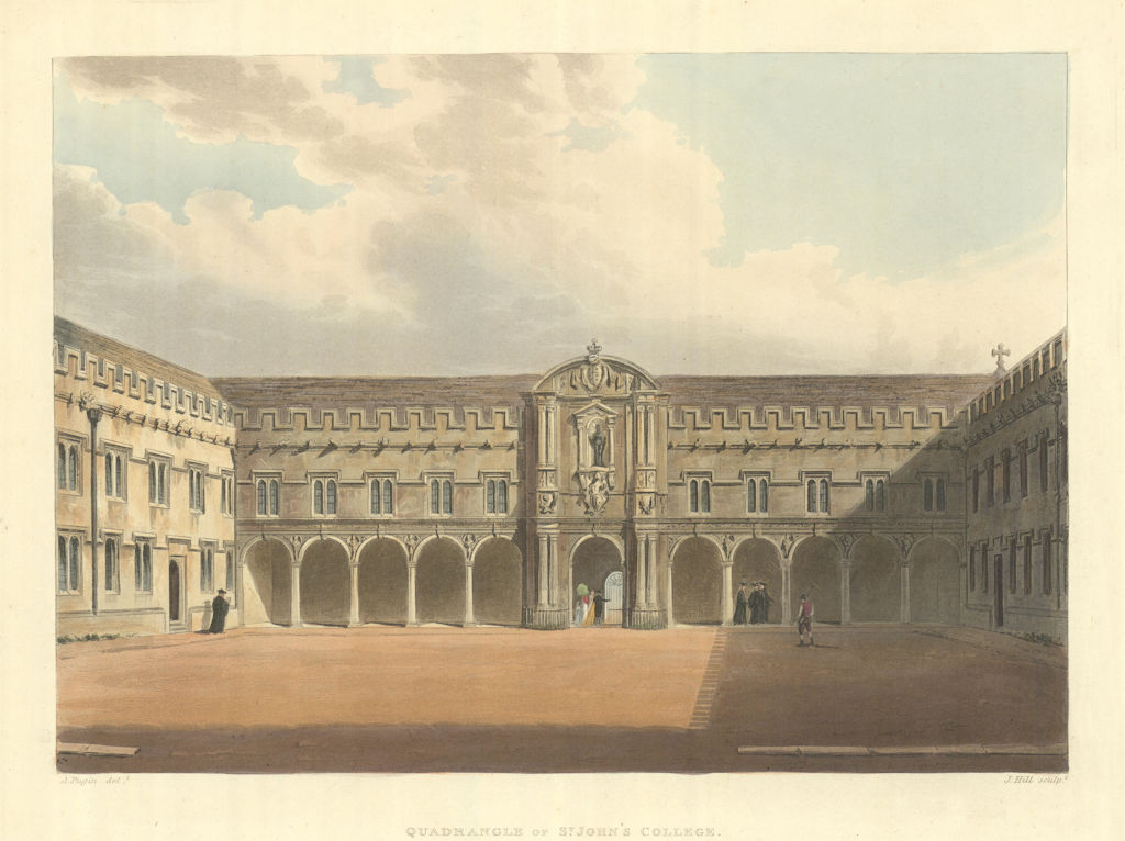 Quadrangle of St. John's College. Ackermann's Oxford University 1814 old print