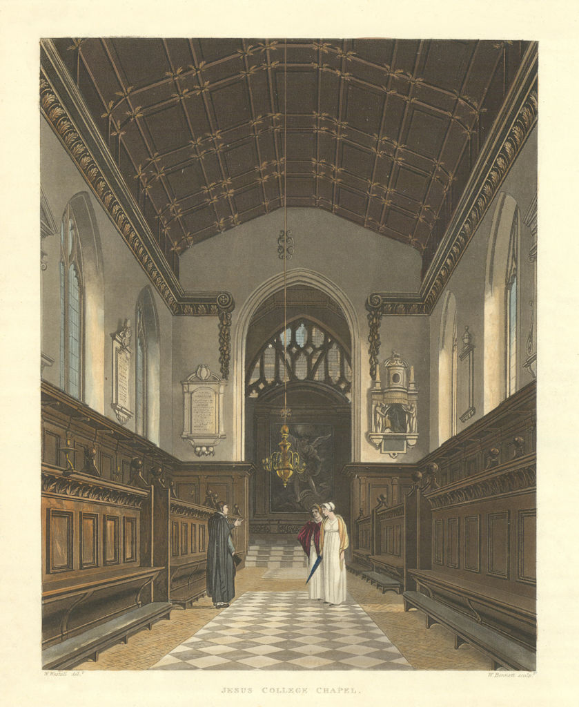 Jesus College Chapel. Ackermann's Oxford University 1814 old antique print