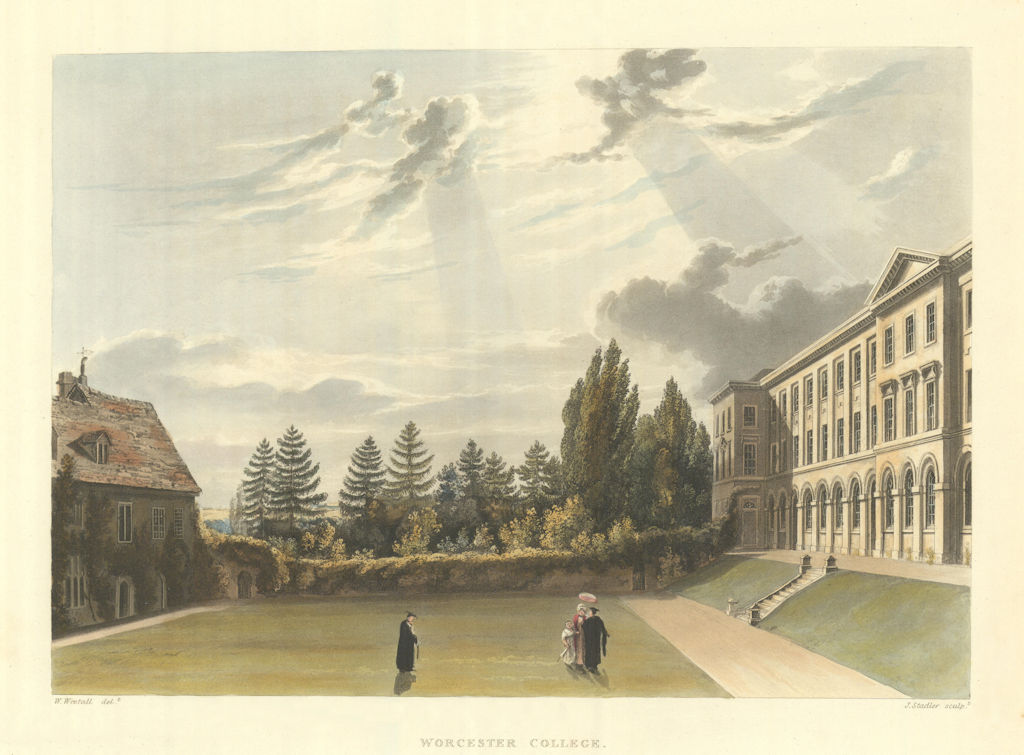 Worcester College. Ackermann's Oxford University 1814 old antique print