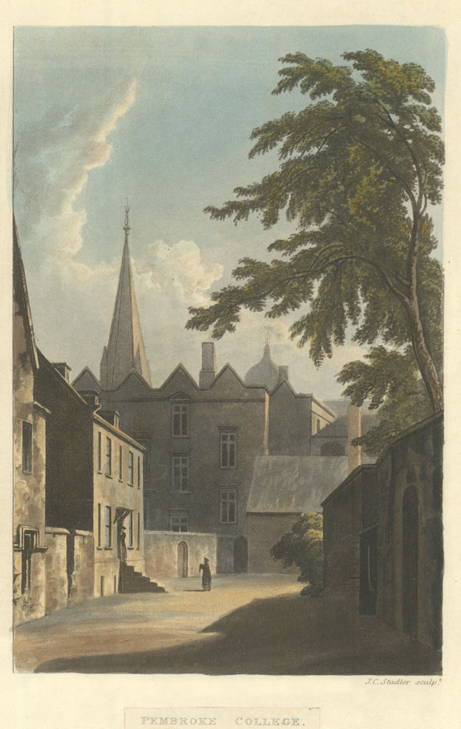 Pembroke College. Ackermann's Oxford University 1814 old antique print picture