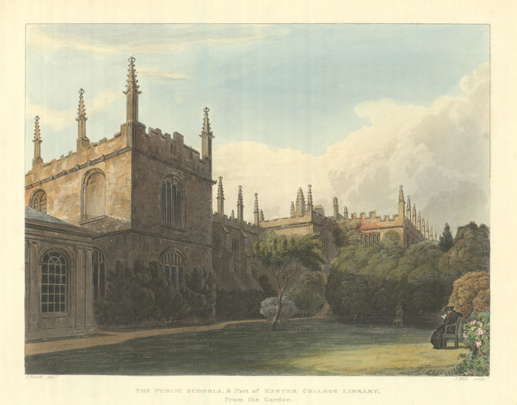 Public Schools & Exeter College Library from the Garden. Ackermann's Oxford 1814
