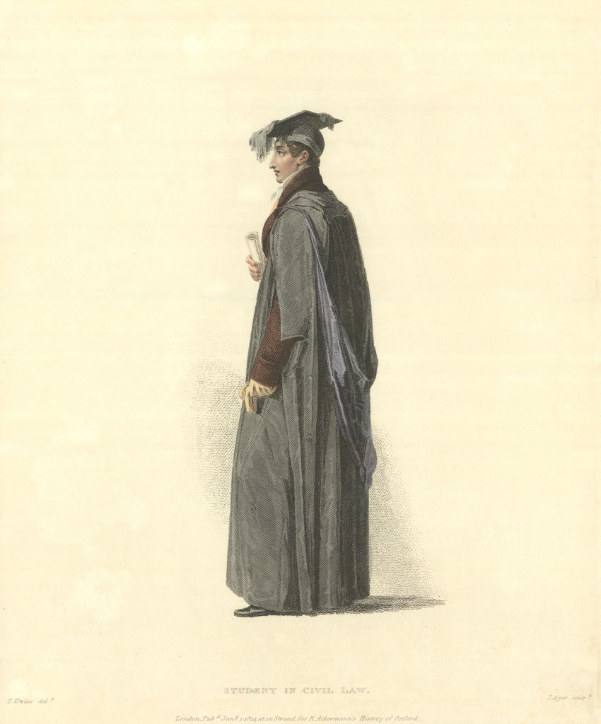 Student in Civil Law. Ackermann's Oxford University 1814 old antique print