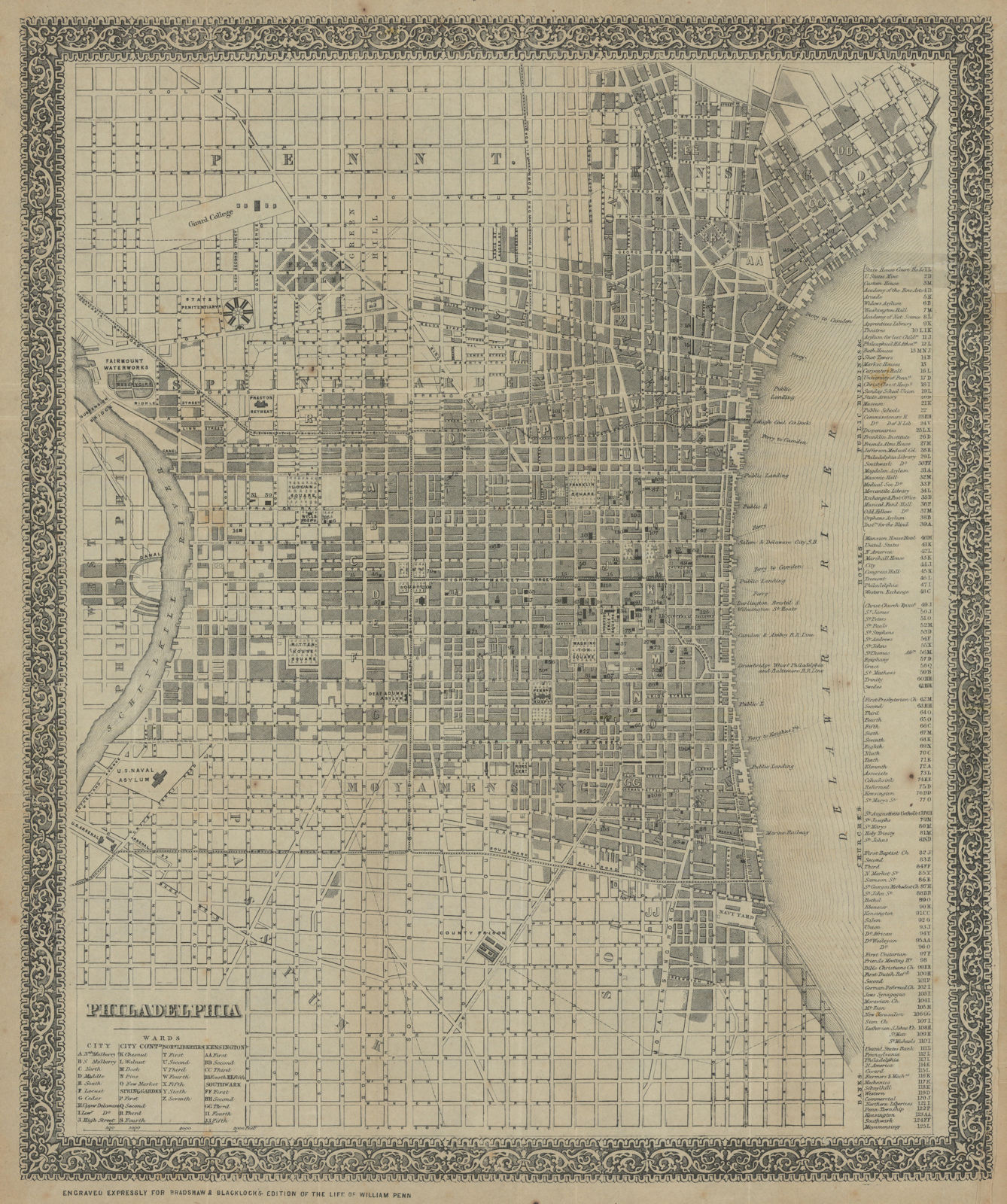 Philadelphia town city plan by Bradshaw & Blacklock 1849 old antique map chart