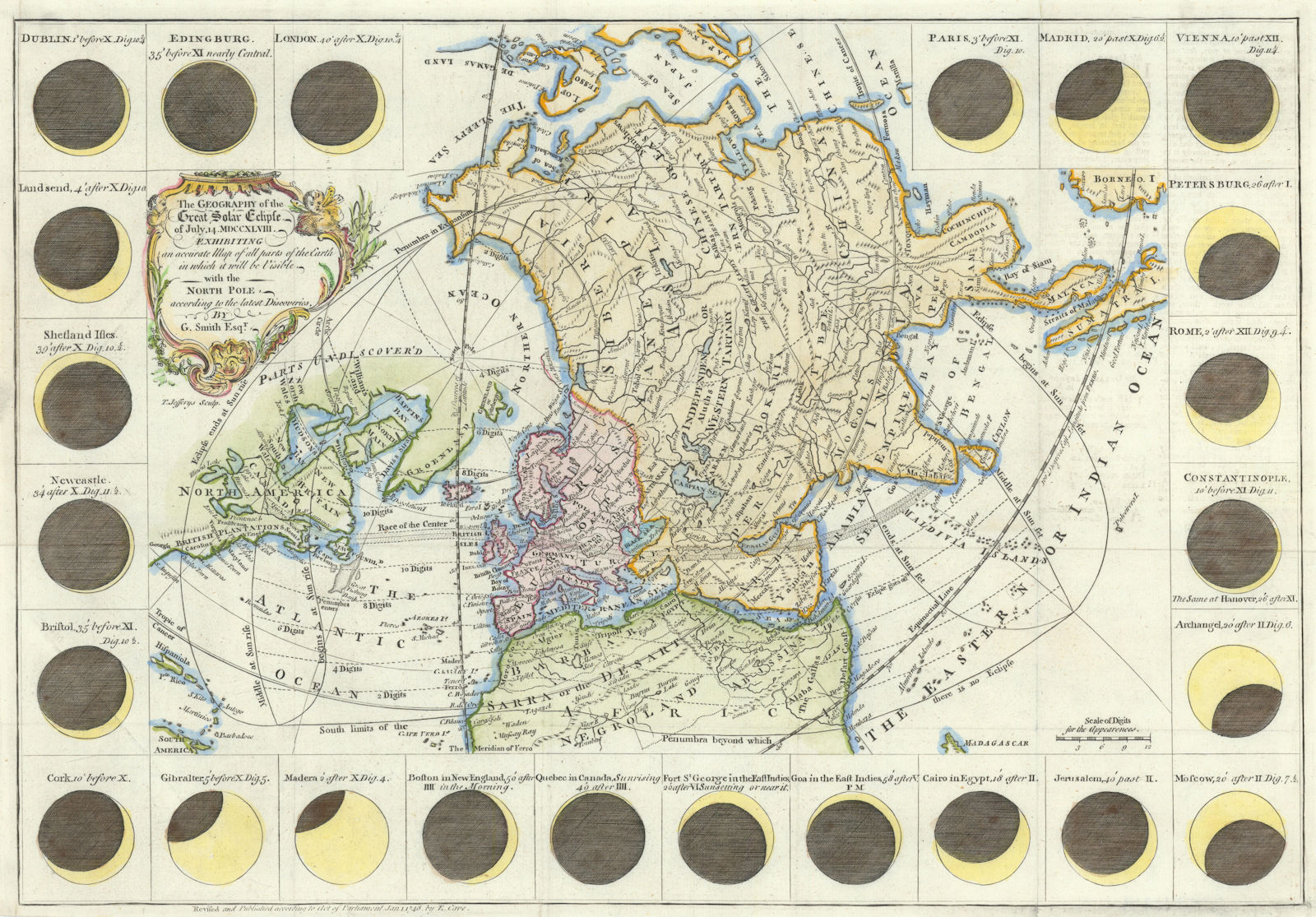 Associate Product The geography of the great solar eclipse of July 14th 1748. SMITH G 1748 map