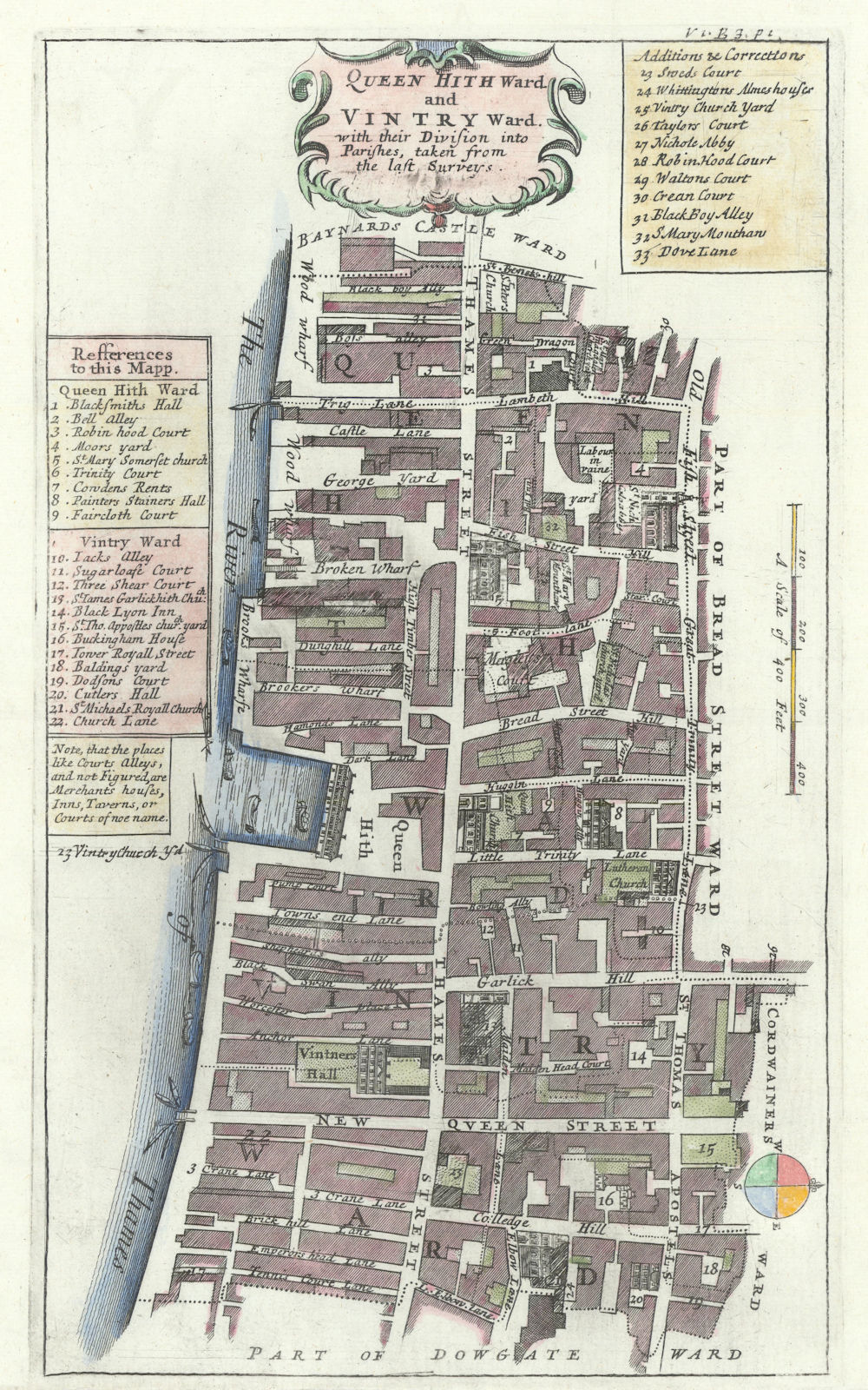 Queenhithe & Vintry Wards. Thames Street, City of London. STOW/STRYPE 1720 map