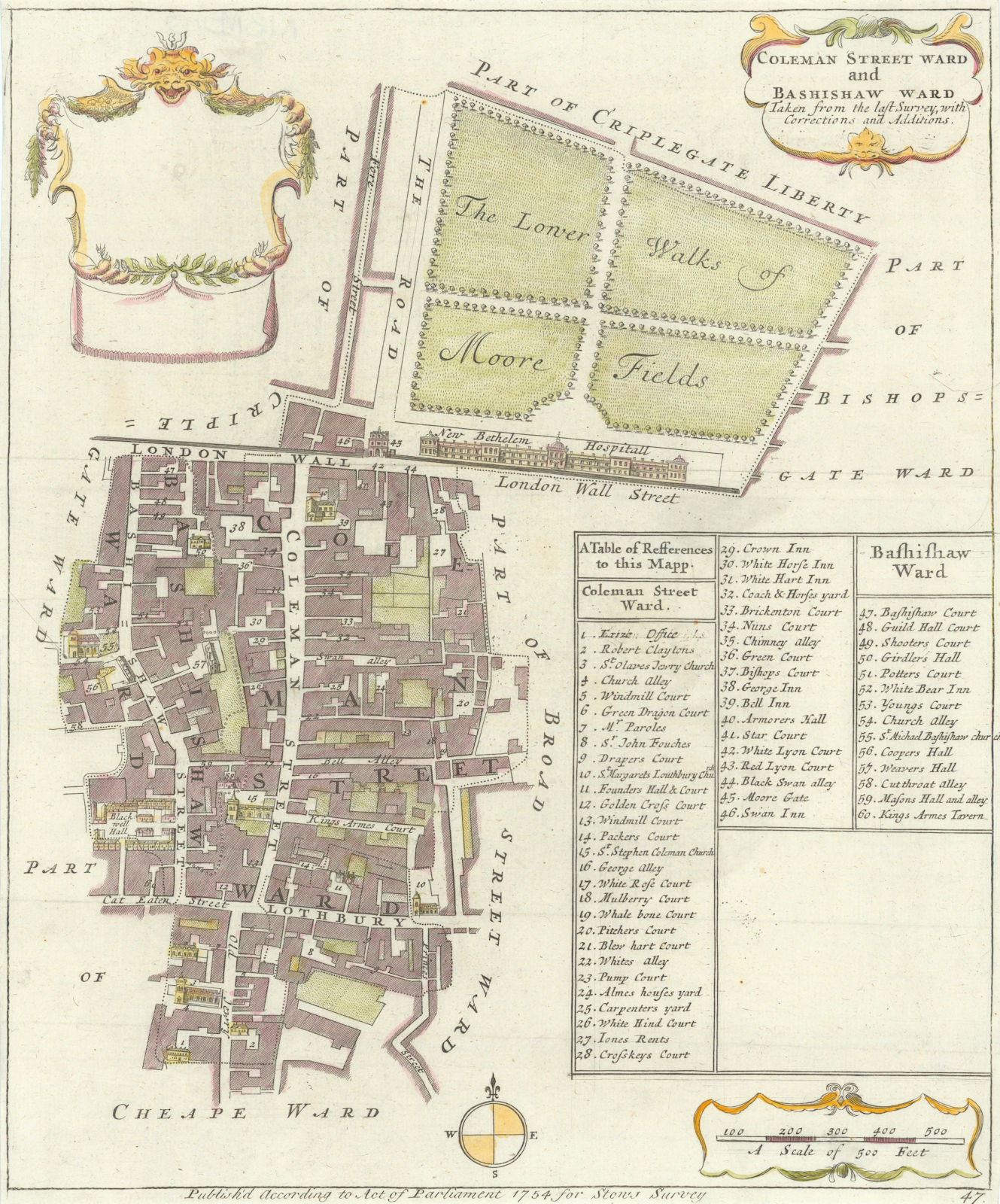 Coleman Street & Bashishaw Wards. Lothbury. City of London. STOW/STRYPE 1755 map