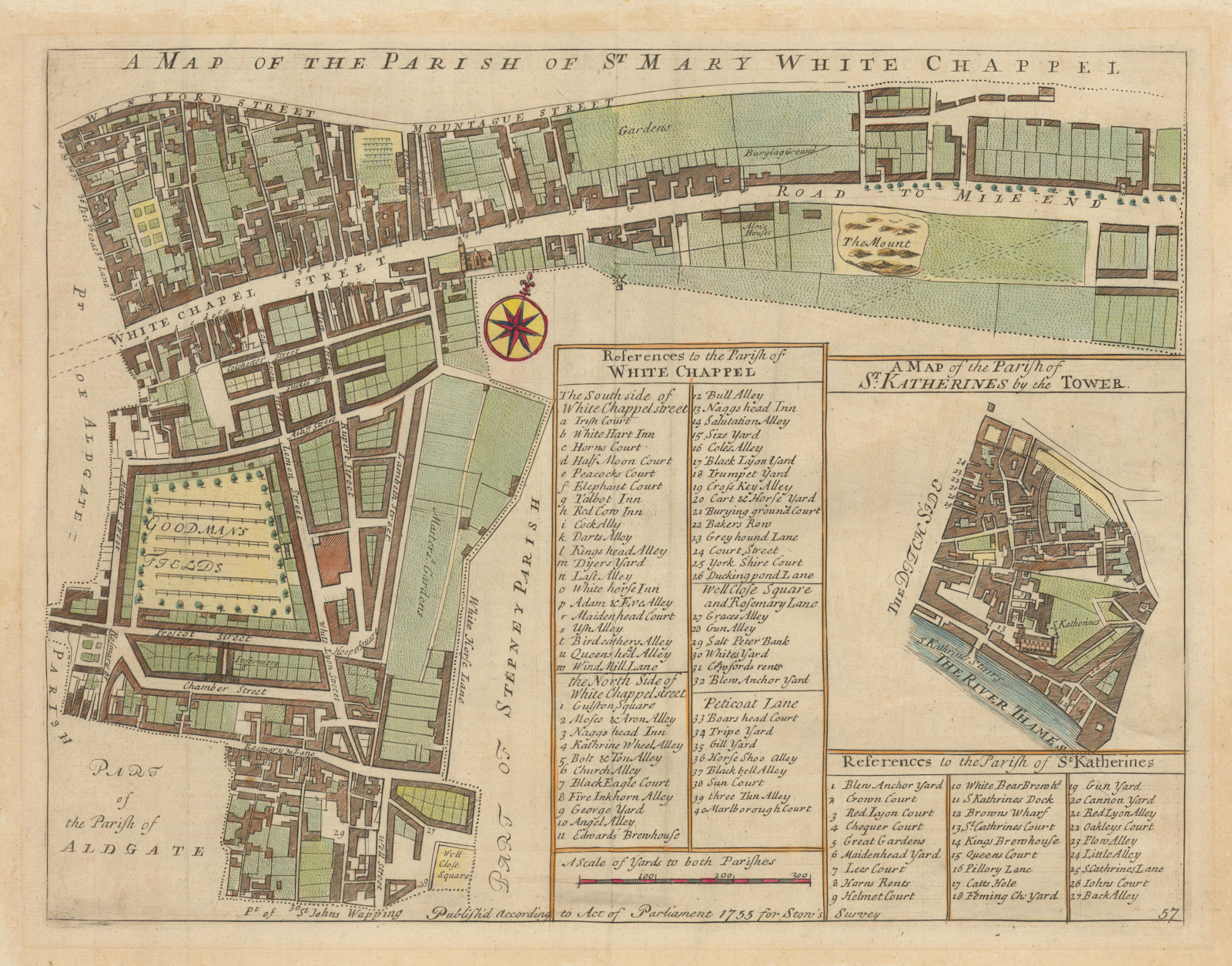 Parishes of St Mary, Whitechapel & St Katherine's/Tower. STOW/STRYPE 1755 map