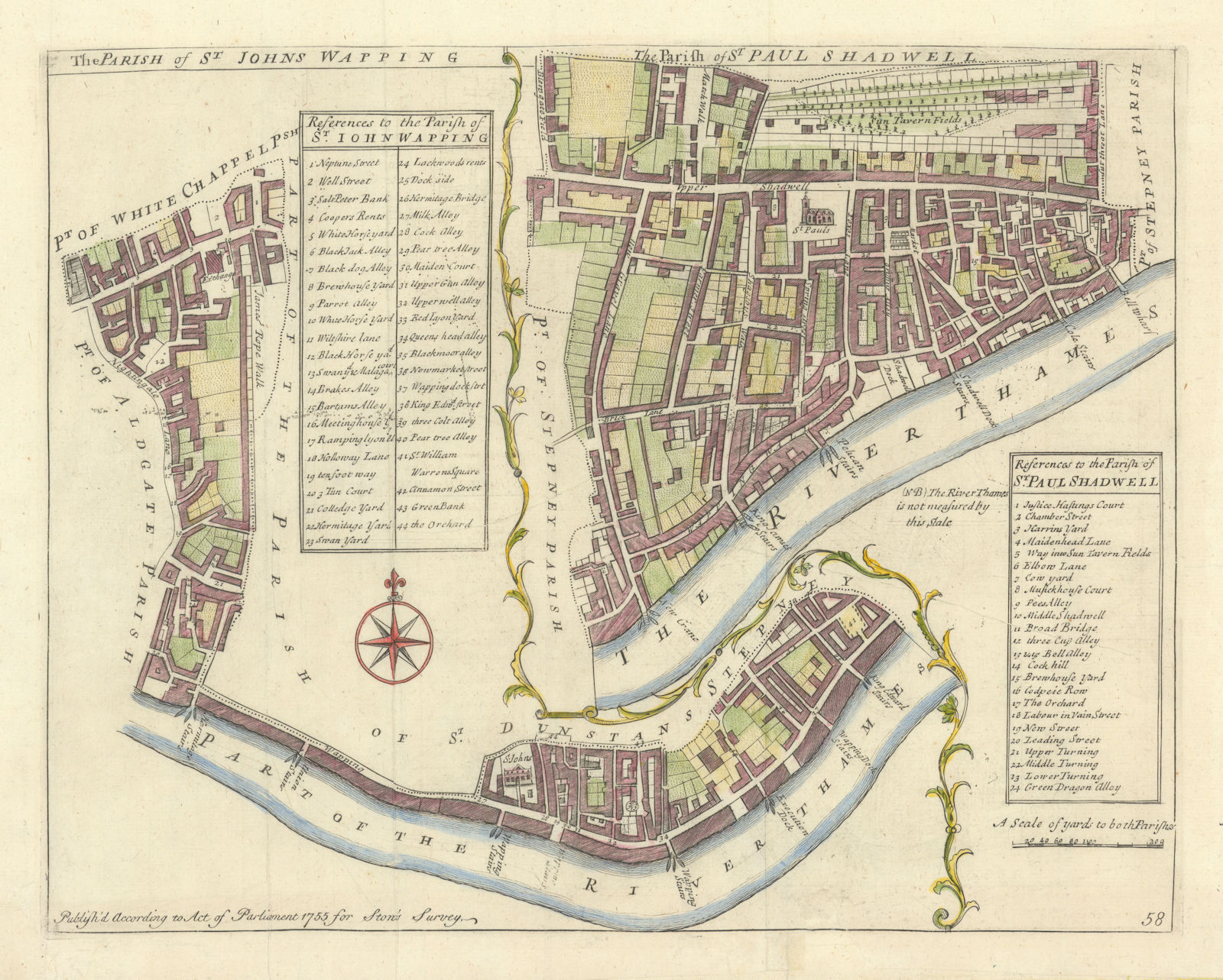 The parishes of St John's, Wapping & St Paul, Shadwell. STOW/STRYPE 1755 map
