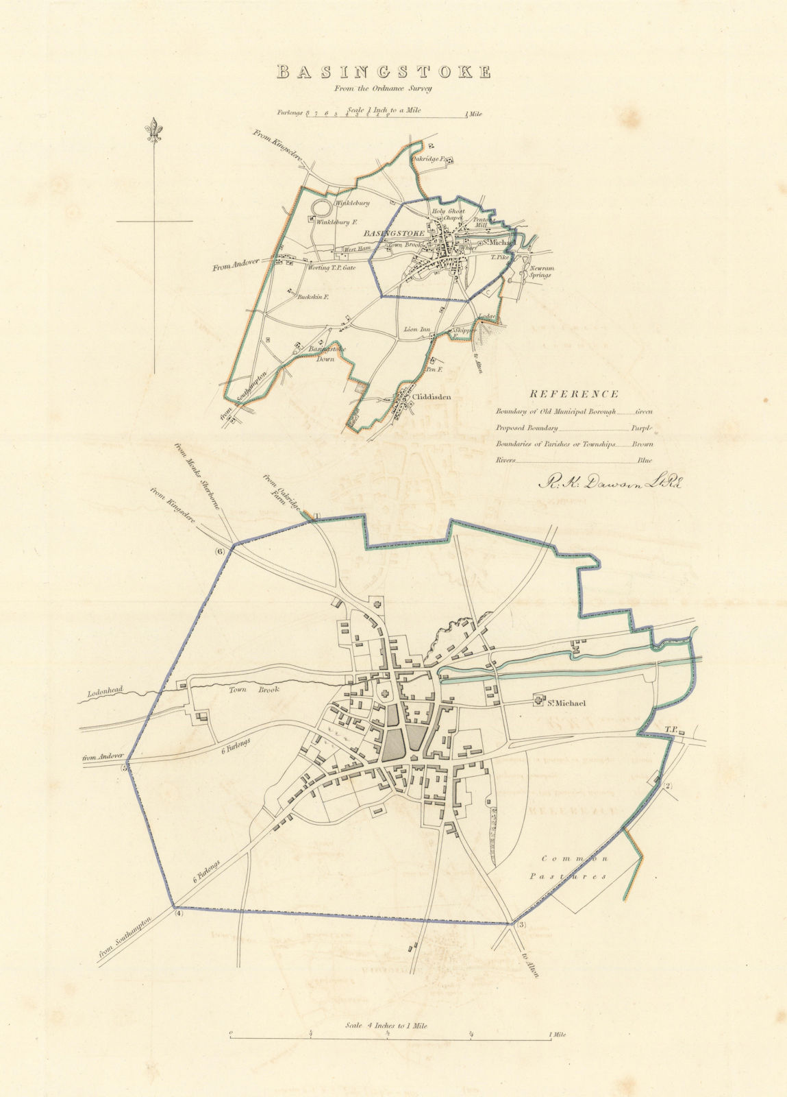 BASINGSTOKE borough/town plan. BOUNDARY COMMISSION. Hampshire. DAWSON 1837 map
