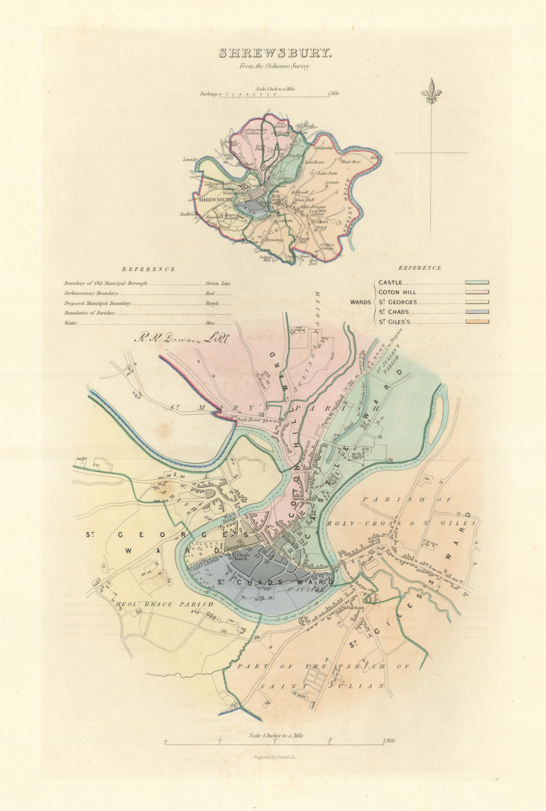 SHREWSBURY borough/town plan. BOUNDARY COMMISSION. Shropshire. DAWSON 1837 map