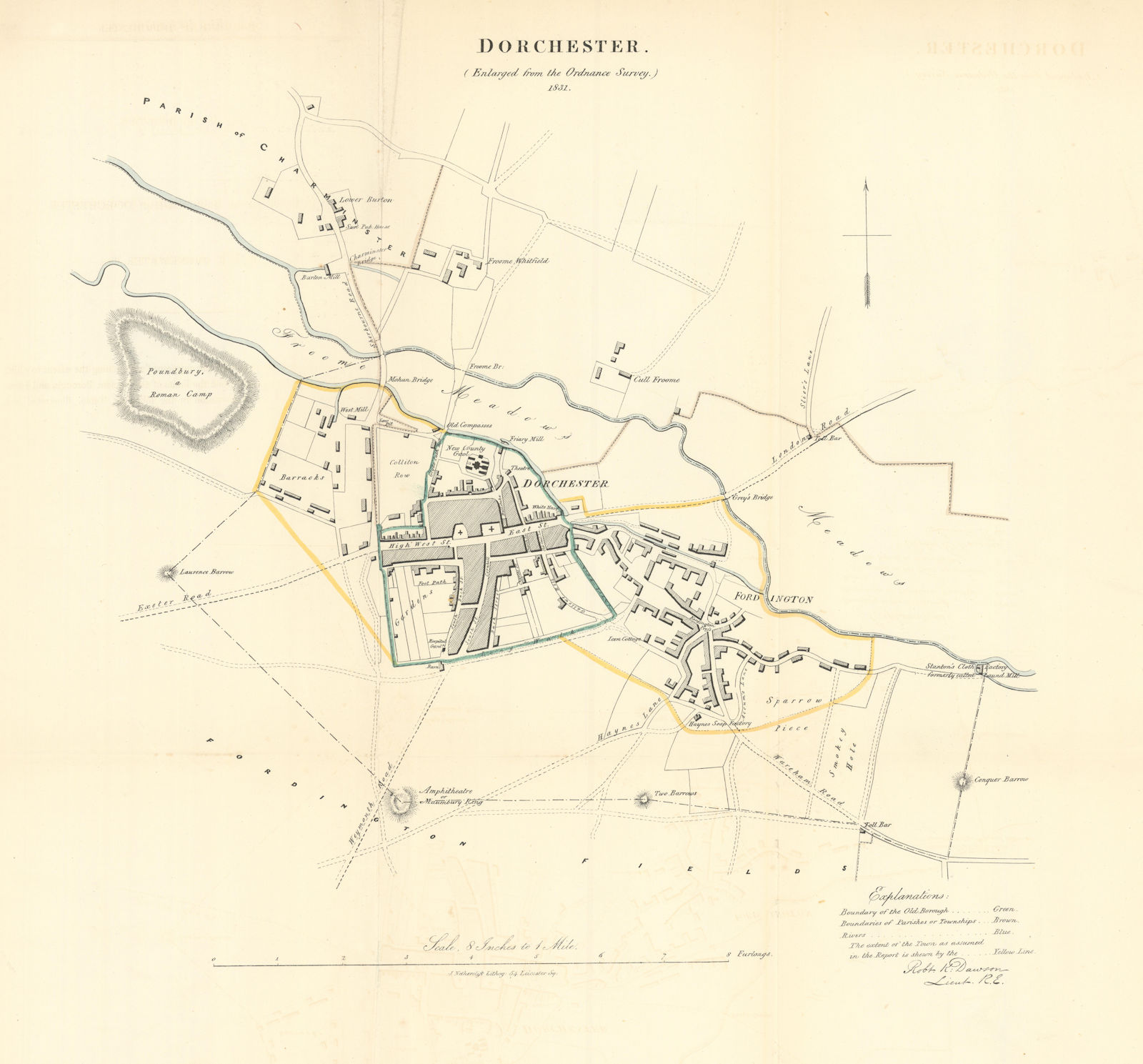 DORCHESTER borough/town plan. REFORM ACT. Poundbury. Dorset. DAWSON 1832 map