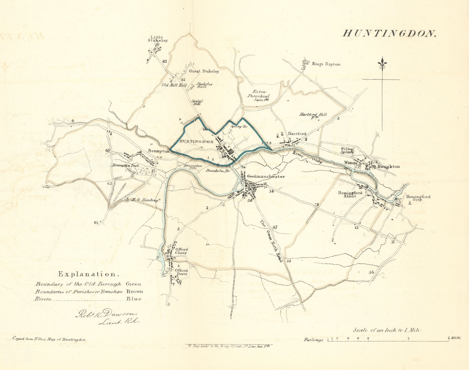 HUNTINGDON borough/town plan. REFORM ACT. Godmanchester Offord. DAWSON 1832 map