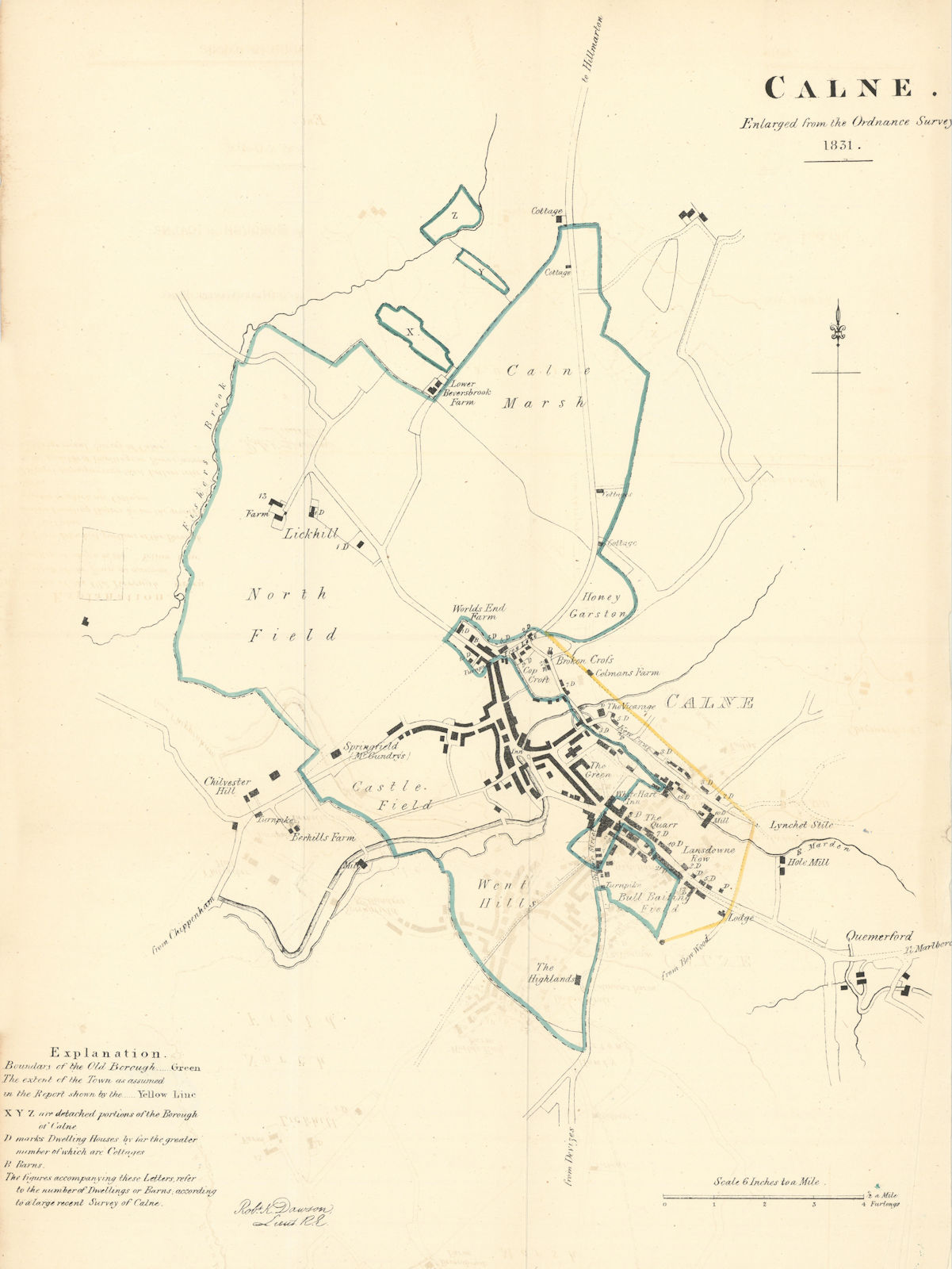 CALNE borough/town plan. REFORM ACT. Quemerford. Wiltshire. DAWSON 1832 map