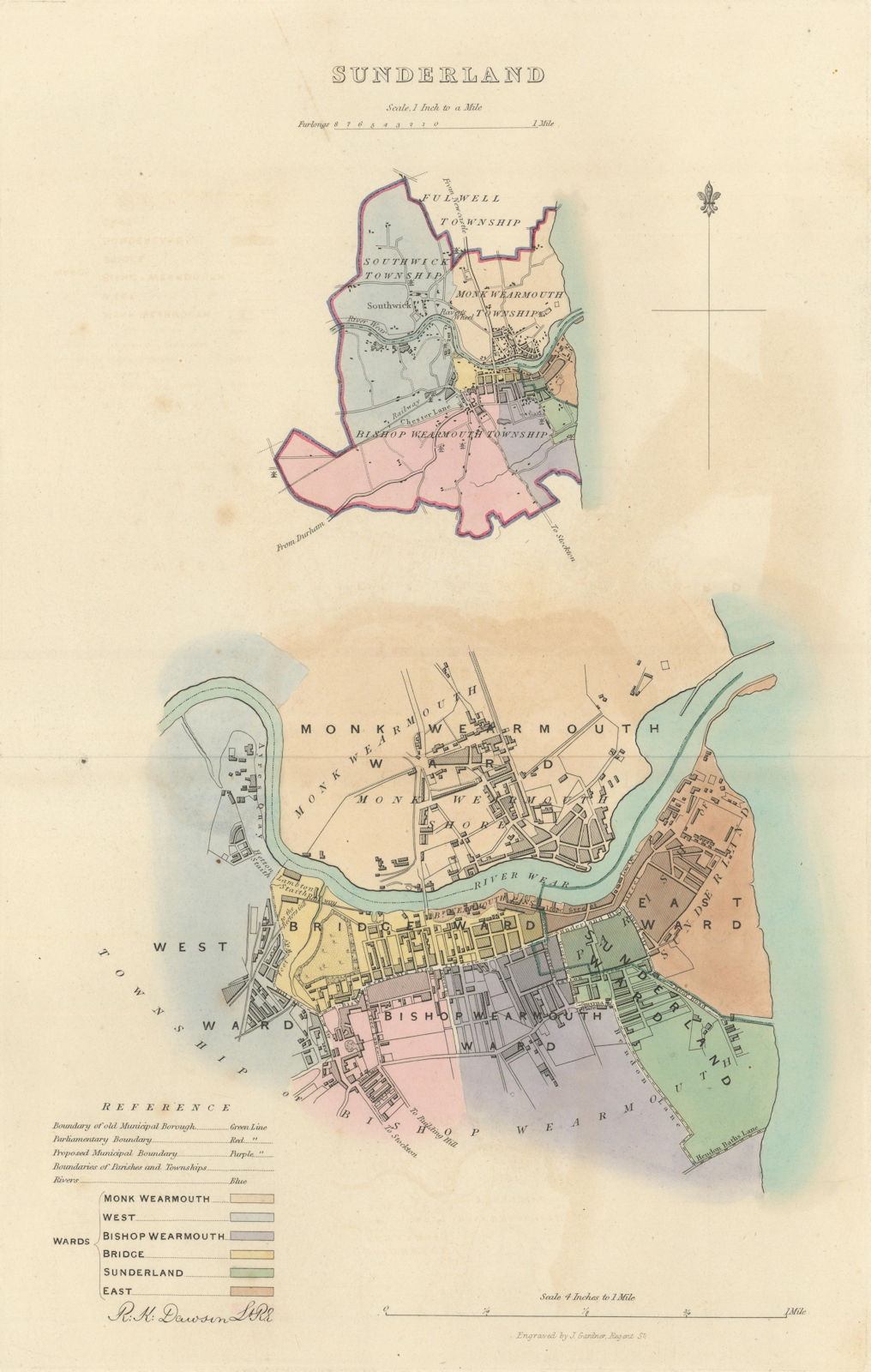 SUNDERLAND borough/town/city plan. BOUNDARY COMMISSION. Durham. DAWSON 1837 map