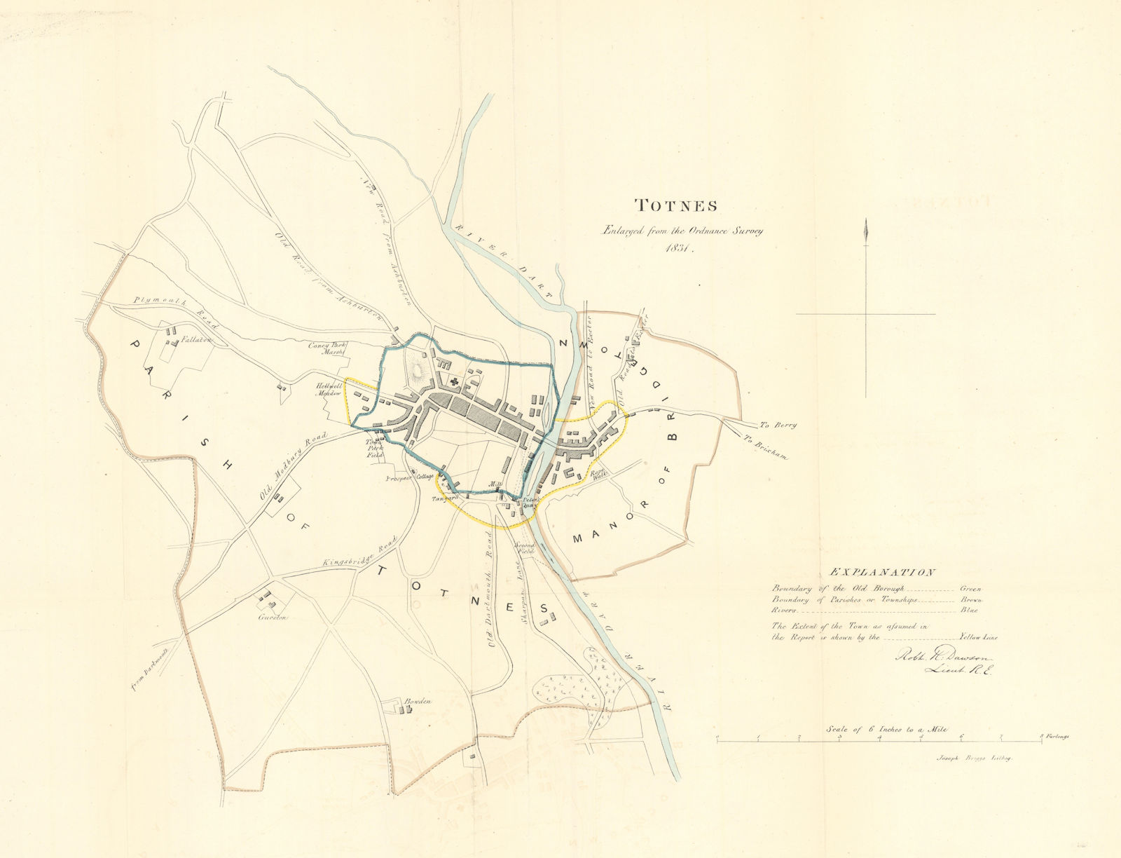 TOTNES borough/town plan. REFORM ACT. River Dart, Devon. DAWSON 1832 old map