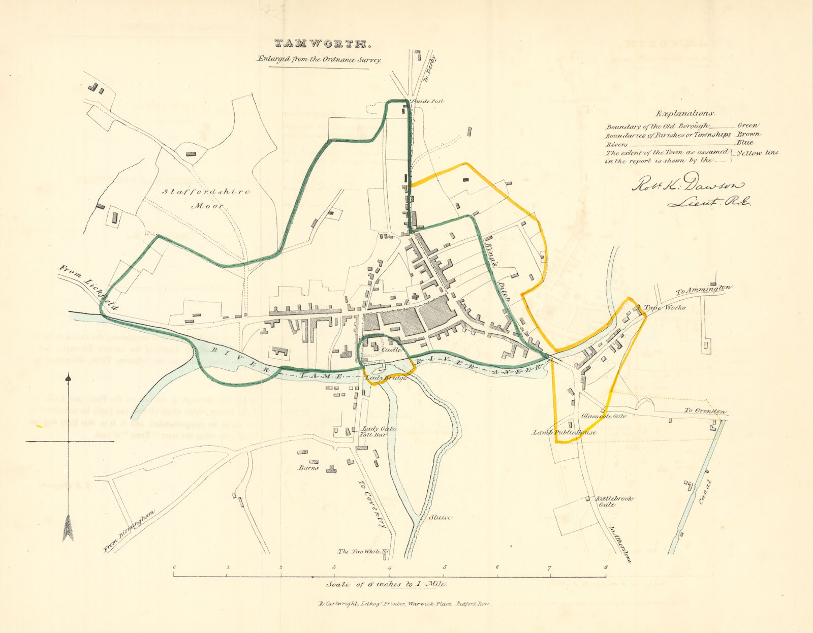 TAMWORTH borough/town plan. REFORM ACT. Tame Anker Rivers. DAWSON 1832 old map
